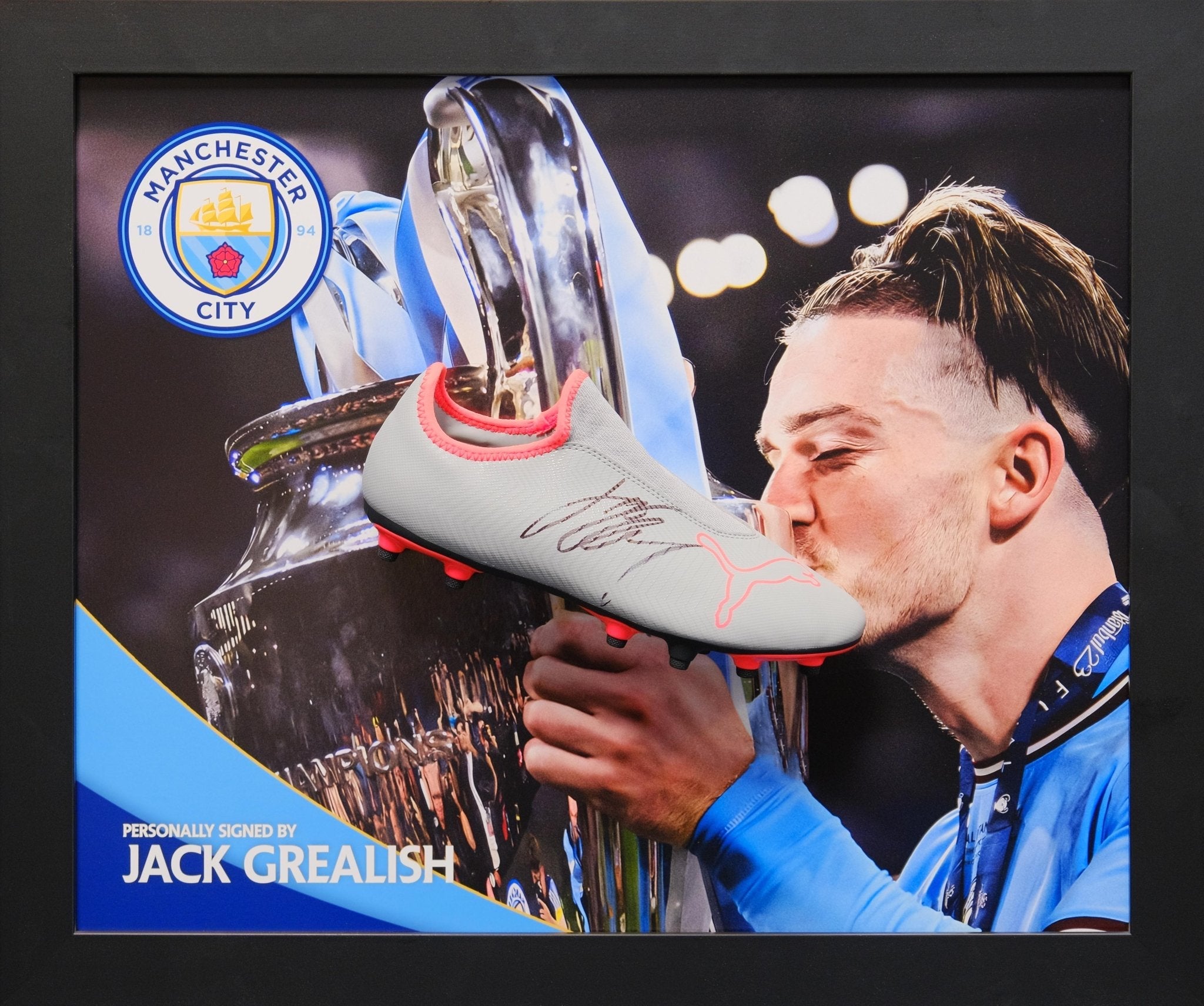 Jack Grealish Signed Man City Boot Framed Display - Memorabilia Framers Shop